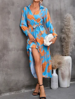 Women's Floral V Neck Midi Dress Long Sleeve Spring Fall