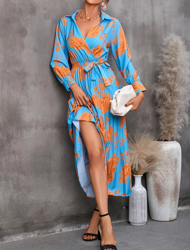 Women's Floral V Neck Midi Dress Long Sleeve Spring Fall