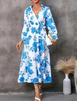 Women's Floral V Neck Midi Dress Long Sleeve Spring Fall