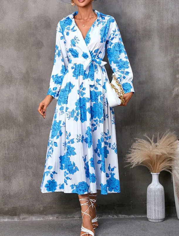 Women's Floral V Neck Midi Dress Long Sleeve Spring Fall