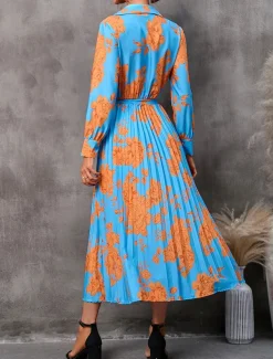 Women's Floral V Neck Midi Dress Long Sleeve Spring Fall