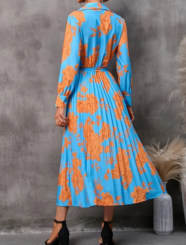 Women's Floral V Neck Midi Dress Long Sleeve Spring Fall