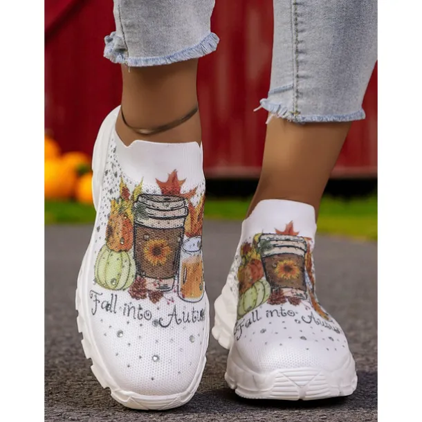 Women's Flyknit Slip-On Sneakers with Autumn Pumpkin Coffee Print – Lightweight Casual Fall Walking Shoes for Halloween & Harvest Festival