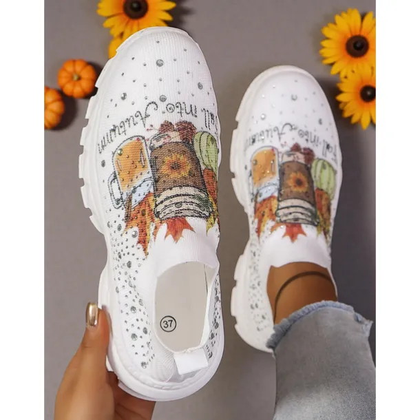Women's Flyknit Slip-On Sneakers with Autumn Pumpkin Coffee Print – Lightweight Casual Fall Walking Shoes for Halloween & Harvest Festival