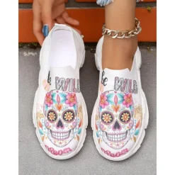 Women's Flyknit Slip-On Sneakers with Colorful Sugar Skull Print – Comfortable Casual Shoes for Halloween, Day of the Dead & Fall Parties