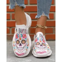 Women's Flyknit Slip-On Sneakers with Colorful Sugar Skull Print – Comfortable Casual Shoes for Halloween, Day of the Dead & Fall Parties