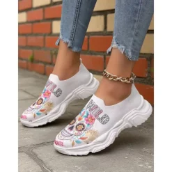Women's Flyknit Slip-On Sneakers with Colorful Sugar Skull Print – Comfortable Casual Shoes for Halloween, Day of the Dead & Fall Parties