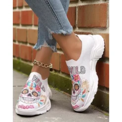 Women's Flyknit Slip-On Sneakers with Colorful Sugar Skull Print – Comfortable Casual Shoes for Halloween, Day of the Dead & Fall Parties