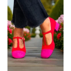 Women's French Style Red and Pink T-Strap Block Heel Mary Jane Pumps - Retro Comfortable Walking Shoes for Afternoon Tea, Parties, Office, and Daily Outfits