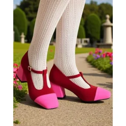 Women's French Style Red and Pink T-Strap Block Heel Mary Jane Pumps - Retro Comfortable Walking Shoes for Afternoon Tea, Parties, Office, and Daily Outfits