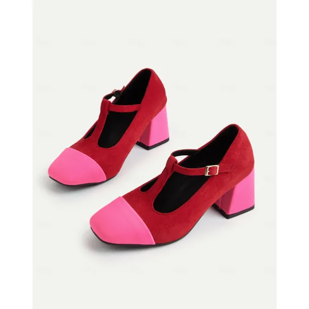 Women's French Style Red and Pink T-Strap Block Heel Mary Jane Pumps - Retro Comfortable Walking Shoes for Afternoon Tea, Parties, Office, and Daily Outfits