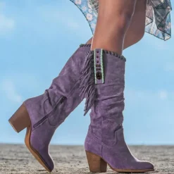 Women's Fringe Western Cowboy Boots – Suede Knee High Boots with Beaded Detailing for Country Concerts, Music Festivals, and Boho Fall Outfits