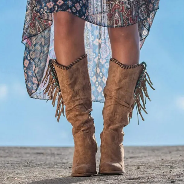 Women's Fringe Western Cowboy Boots – Suede Knee High Boots with Beaded Detailing for Country Concerts, Music Festivals, and Boho Fall Outfits