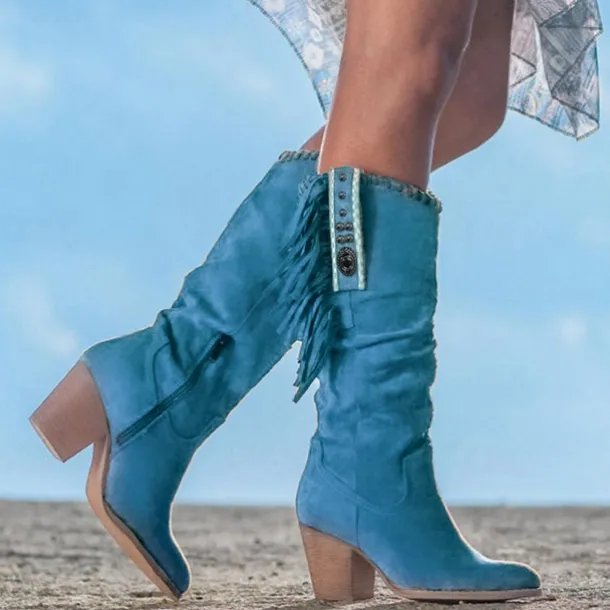 Women's Fringe Western Cowboy Boots – Suede Knee High Boots with Beaded Detailing for Country Concerts, Music Festivals, and Boho Fall Outfits