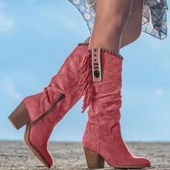 Women's Fringe Western Cowboy Boots – Suede Knee High Boots with Beaded Detailing for Country Concerts, Music Festivals, and Boho Fall Outfits
