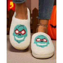 Women's Fuzzy Skull Slippers - Warm Plush Indoor House Shoes, Halloween-Themed Cozy Slip-On Slides for Home, Parties, and Holiday Loungewear