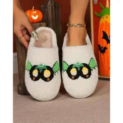 Women's Fuzzy Skull Slippers - Warm Plush Indoor House Shoes, Halloween-Themed Cozy Slip-On Slides for Home, Parties, and Holiday Loungewear