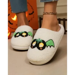 Women's Fuzzy Skull Slippers - Warm Plush Indoor House Shoes, Halloween-Themed Cozy Slip-On Slides for Home, Parties, and Holiday Loungewear