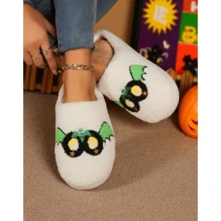 Women's Fuzzy Skull Slippers - Warm Plush Indoor House Shoes, Halloween-Themed Cozy Slip-On Slides for Home, Parties, and Holiday Loungewear