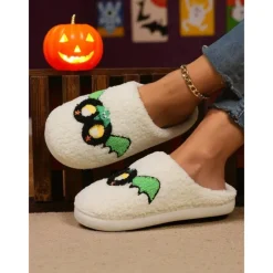 Women's Fuzzy Skull Slippers - Warm Plush Indoor House Shoes, Halloween-Themed Cozy Slip-On Slides for Home, Parties, and Holiday Loungewear