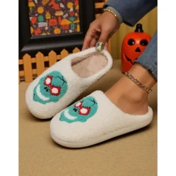Women's Fuzzy Skull Slippers - Warm Plush Indoor House Shoes, Halloween-Themed Cozy Slip-On Slides for Home, Parties, and Holiday Loungewear