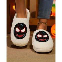 Women's Fuzzy Skull Slippers - Warm Plush Indoor House Shoes, Halloween-Themed Cozy Slip-On Slides for Home, Parties, and Holiday Loungewear