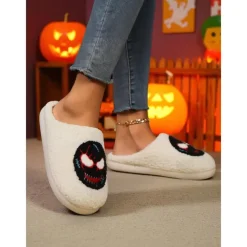 Women's Fuzzy Skull Slippers - Warm Plush Indoor House Shoes, Halloween-Themed Cozy Slip-On Slides for Home, Parties, and Holiday Loungewear