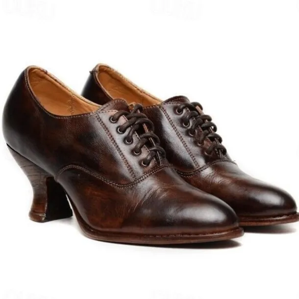Women's Gatsby Vintage Brown Faux Leather Lace-Up Heeled Oxford Shoes - Retro Victorian Style for Formal and Casual Wear