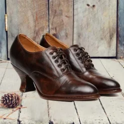Women's Gatsby Vintage Brown Faux Leather Lace-Up Heeled Oxford Shoes - Retro Victorian Style for Formal and Casual Wear