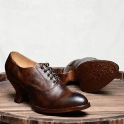 Women's Gatsby Vintage Brown Faux Leather Lace-Up Heeled Oxford Shoes - Retro Victorian Style for Formal and Casual Wear