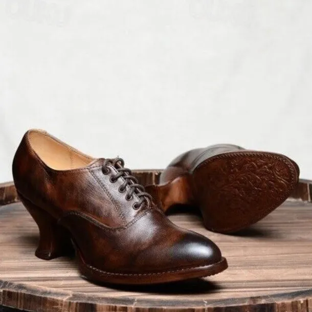 Women's Gatsby Vintage Brown Faux Leather Lace-Up Heeled Oxford Shoes - Retro Victorian Style for Formal and Casual Wear