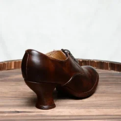 Women's Gatsby Vintage Brown Faux Leather Lace-Up Heeled Oxford Shoes - Retro Victorian Style for Formal and Casual Wear