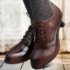 Women's Gatsby Vintage Brown Faux Leather Lace-Up Heeled Oxford Shoes - Retro Victorian Style for Formal and Casual Wear