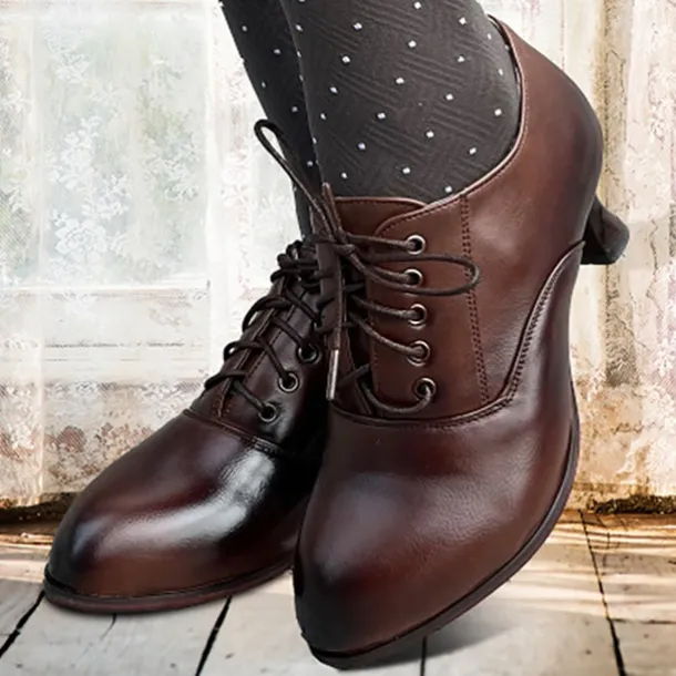 Women's Gatsby Vintage Brown Faux Leather Lace-Up Heeled Oxford Shoes - Retro Victorian Style for Formal and Casual Wear