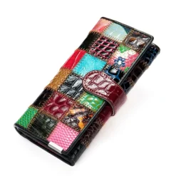 Women's Genuine Leather Patchwork Wallet, Large Capacity Multi-Card Holder, Vintage Long Clutch Purse with Zipper Pocket, Available in 4 Unique Styles