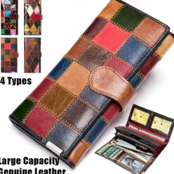 Women's Genuine Leather Patchwork Wallet, Large Capacity Multi-Card Holder, Vintage Long Clutch Purse with Zipper Pocket, Available in 4 Unique Styles