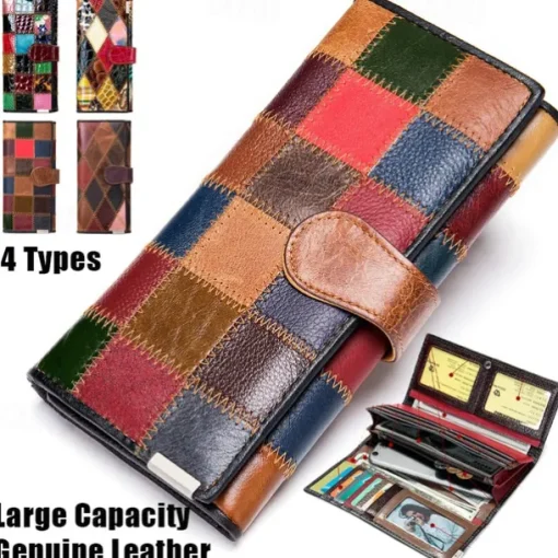 Women's Genuine Leather Patchwork Wallet, Large Capacity Multi-Card Holder, Vintage Long Clutch Purse with Zipper Pocket, Available in 4 Unique Styles