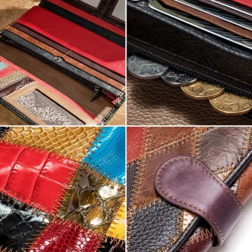 Women's Genuine Leather Patchwork Wallet, Large Capacity Multi-Card Holder, Vintage Long Clutch Purse with Zipper Pocket, Available in 4 Unique Styles