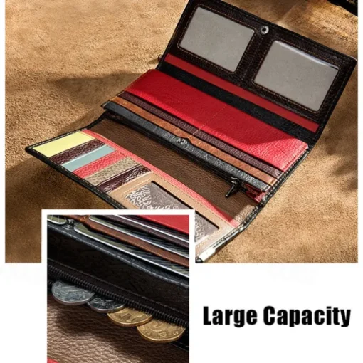 Women's Genuine Leather Patchwork Wallet, Large Capacity Multi-Card Holder, Vintage Long Clutch Purse with Zipper Pocket, Available in 4 Unique Styles
