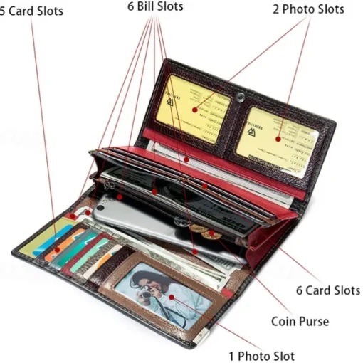 Women's Genuine Leather Patchwork Wallet, Large Capacity Multi-Card Holder, Vintage Long Clutch Purse with Zipper Pocket, Available in 4 Unique Styles