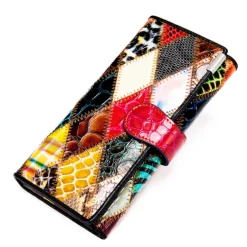Women's Genuine Leather Patchwork Wallet, Large Capacity Multi-Card Holder, Vintage Long Clutch Purse with Zipper Pocket, Available in 4 Unique Styles
