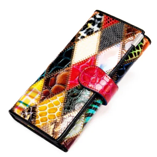 Women's Genuine Leather Patchwork Wallet, Large Capacity Multi-Card Holder, Vintage Long Clutch Purse with Zipper Pocket, Available in 4 Unique Styles