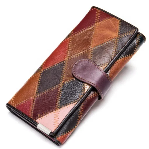 Women's Genuine Leather Patchwork Wallet, Large Capacity Multi-Card Holder, Vintage Long Clutch Purse with Zipper Pocket, Available in 4 Unique Styles