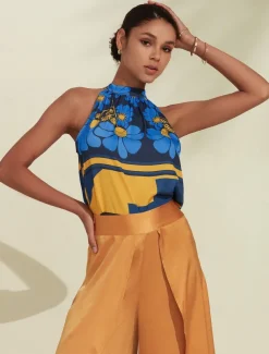 Women's Geometic Flower / Plants Vacation Weekend Sleeveless Blue Ruched Tie back / Tie front Sleeveless Blouses Tied Neck Summer