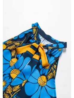 Women's Geometic Flower / Plants Vacation Weekend Sleeveless Blue Ruched Tie back / Tie front Sleeveless Blouses Tied Neck Summer