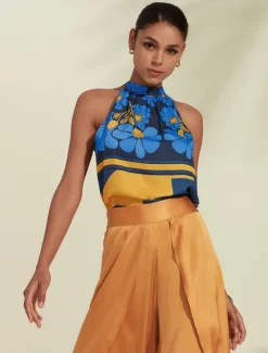 Women's Geometic Flower / Plants Vacation Weekend Sleeveless Blue Ruched Tie back / Tie front Sleeveless Blouses Tied Neck Summer