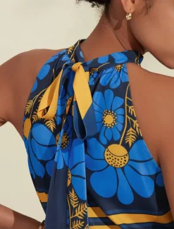 Women's Geometic Flower / Plants Vacation Weekend Sleeveless Blue Ruched Tie back / Tie front Sleeveless Blouses Tied Neck Summer