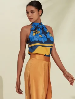 Women's Geometic Flower / Plants Vacation Weekend Sleeveless Blue Ruched Tie back / Tie front Sleeveless Blouses Tied Neck Summer