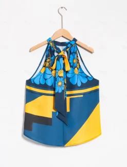 Women's Geometic Flower / Plants Vacation Weekend Sleeveless Blue Ruched Tie back / Tie front Sleeveless Blouses Tied Neck Summer