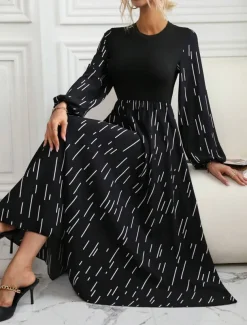 Women's Geometric Crew Neck Midi Dress Long Sleeve Spring Fall